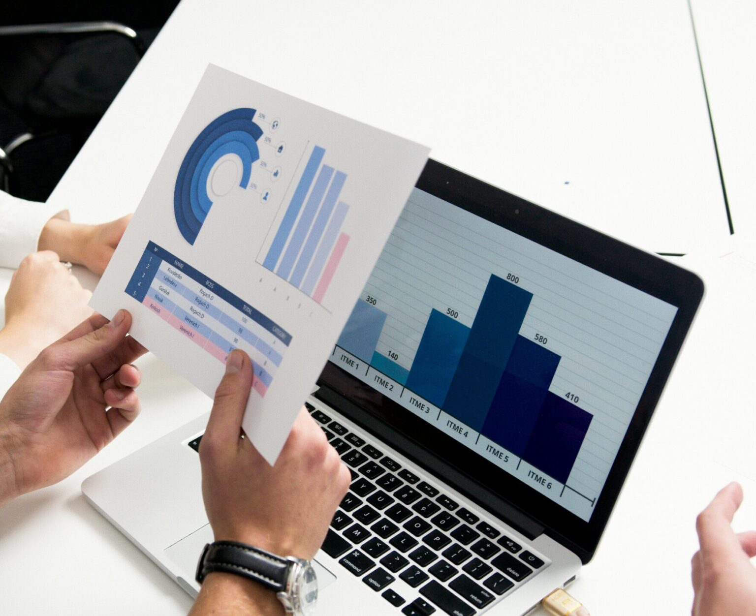 Business professionals discussing data charts and graphs in a modern office setting.
